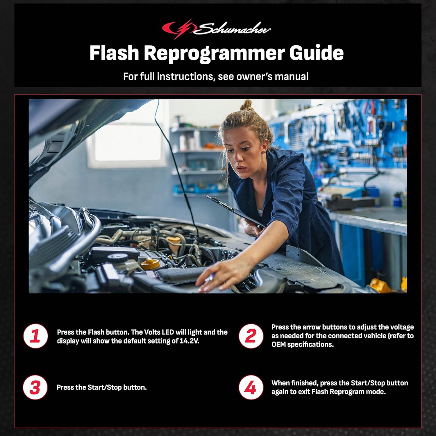 Schumacher Electric DSR ProSeries INC100 Chargeur de batterie 100 A 12 V, reprogrammeur flash et alimentation avec support de batterie, supports de montage réglables inclus