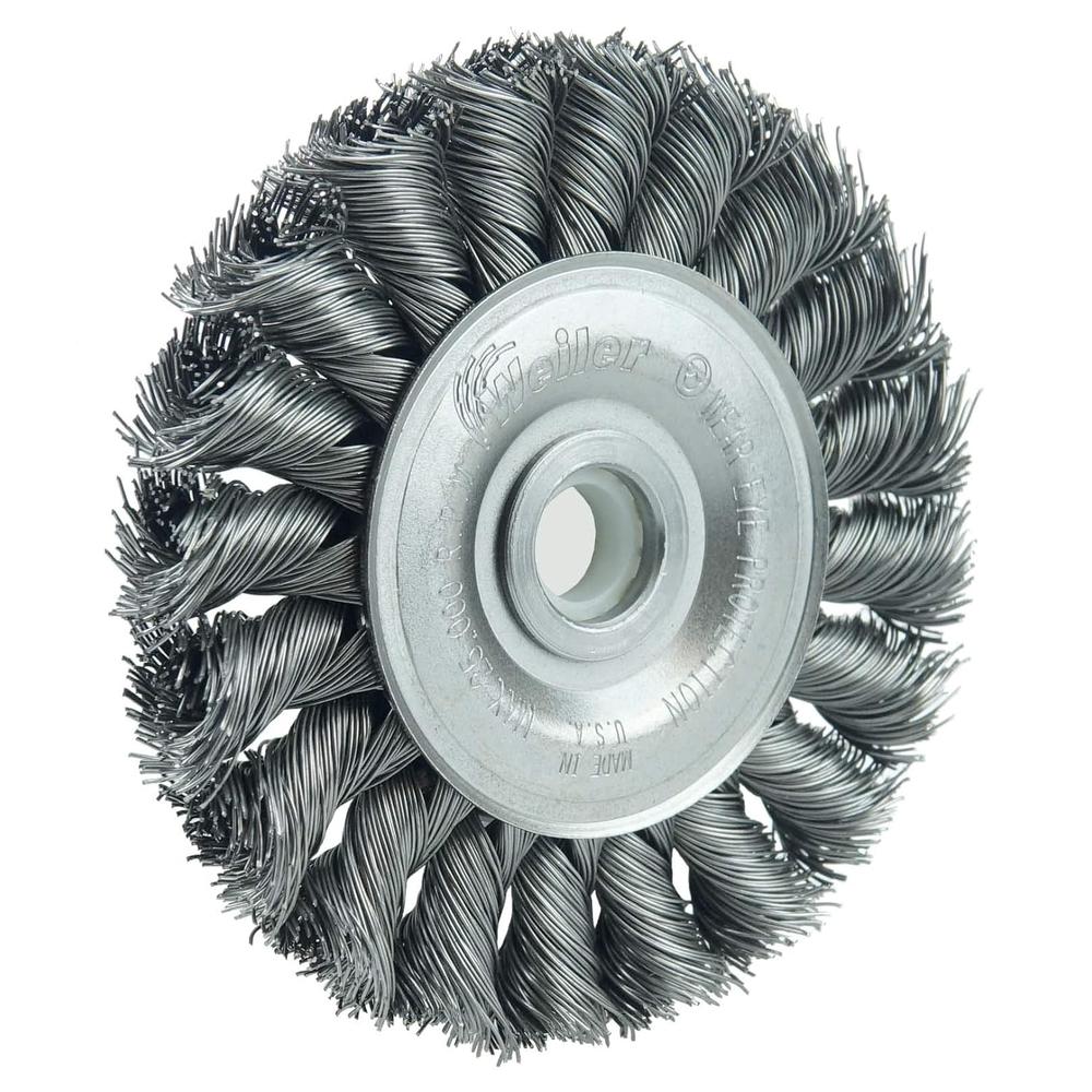 Weiler 08014 Arbre Dulife 1/2"-3/8". Taille de fil de 0,014 po. Diamètre de 3 po. Largeur de face de 3/8 po. Brosse métallique standard à nœud torsadé avec poils en acier