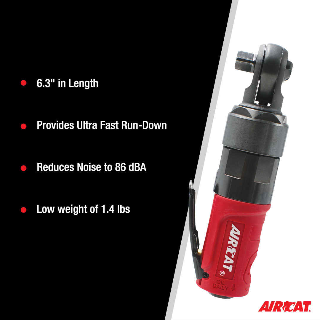 Aircat 810-RW infographic listing key specs: 6.3 inch length, ultra fast run-down, 86 dBA noise reduction, and 1.4 lb weight