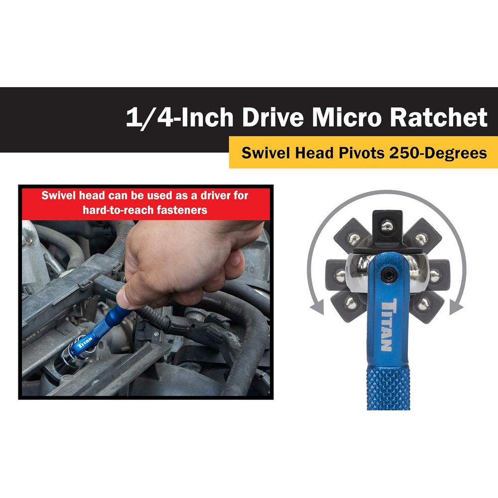 Titan Tools 11316 1/4-Inch Drive x 4-Inch 90-Tooth Swivel Head Micro Ratchet - Blue