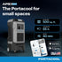 Portacool Apex 500 feature infographic: 500 sq ft cooling area, 55 ft airflow reach, 40 MPH velocity with CoolSync app