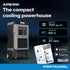 Portacool Apex 700 compact cooling powerhouse infographic - 700 sq ft area, 60 ft airflow reach, 37 MPH velocity with CoolSync app