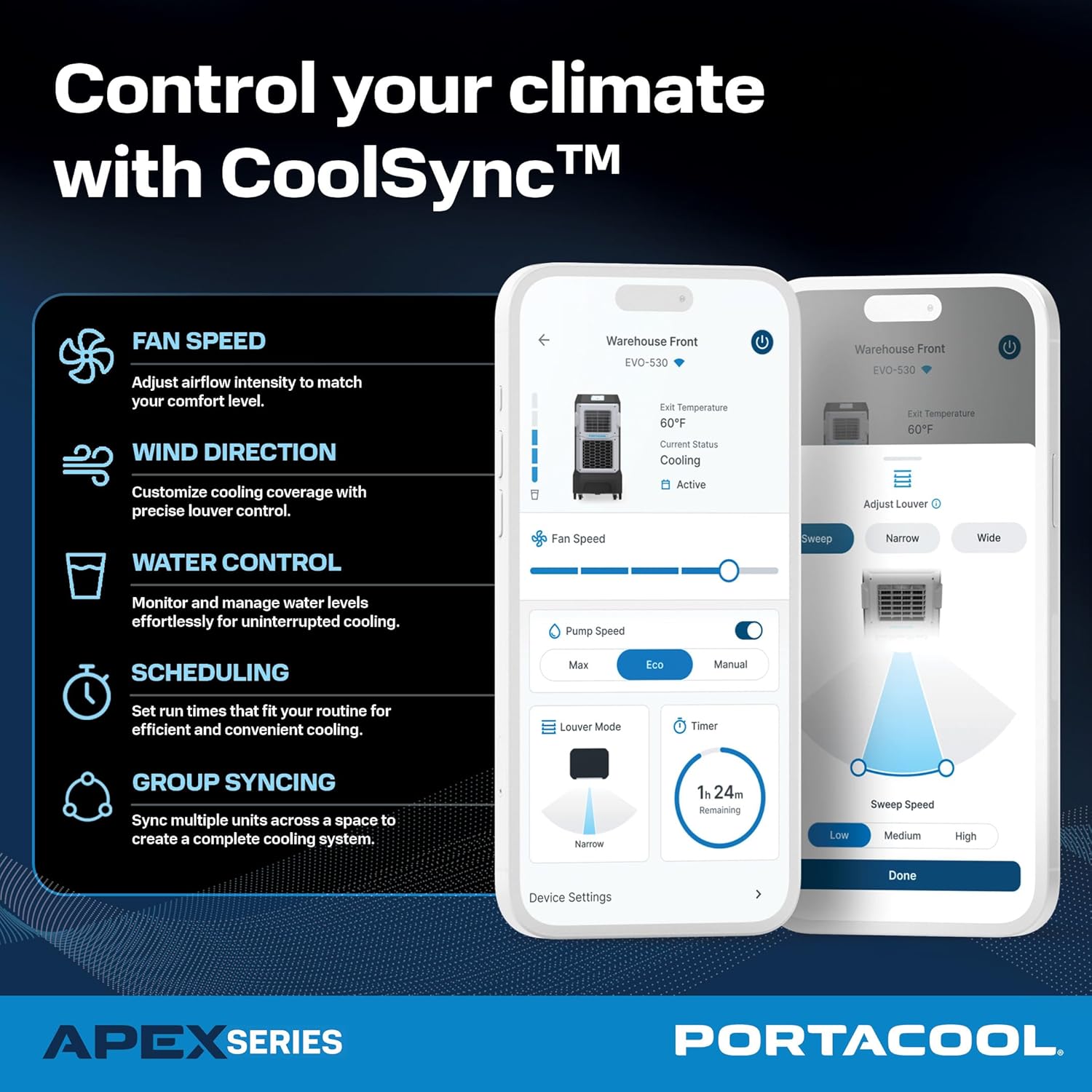Portacool Apex 2000 CoolSync app feature callout - fan speed, wind direction, water control, scheduling, and group syncing