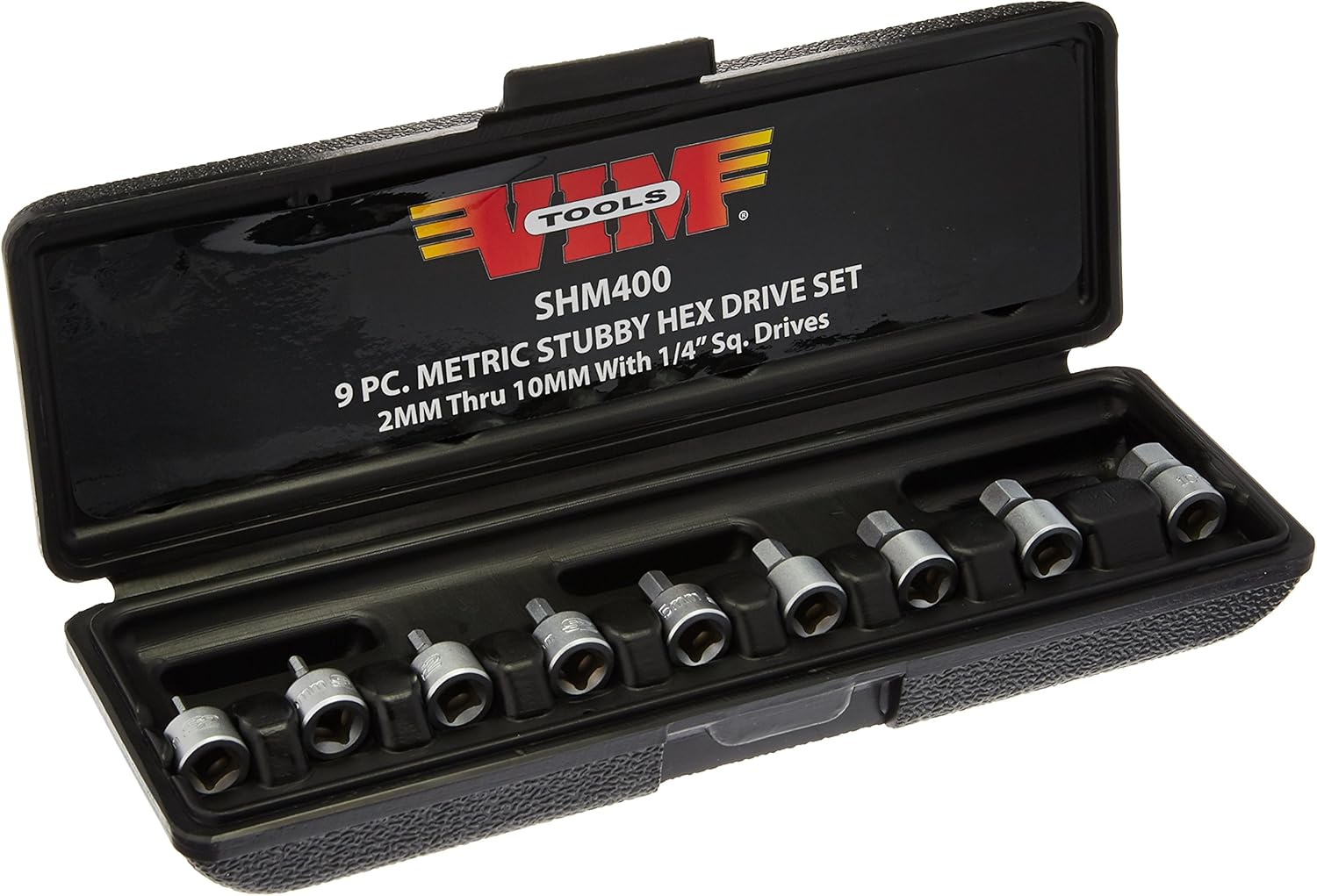 VIM Tools SHM400A 9pc 1/4" Sq. Drive Metric Stubby Hex Drive Bit Set, 2-10mm