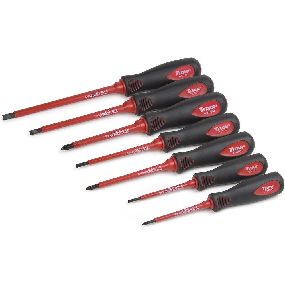 Titan Tools 17237 Jeu de 7 tournevis isolés avec embouts magnétiques, Phillips #0, #1, #2 et fente 1/8", 5/32", 7/32", 1/4"