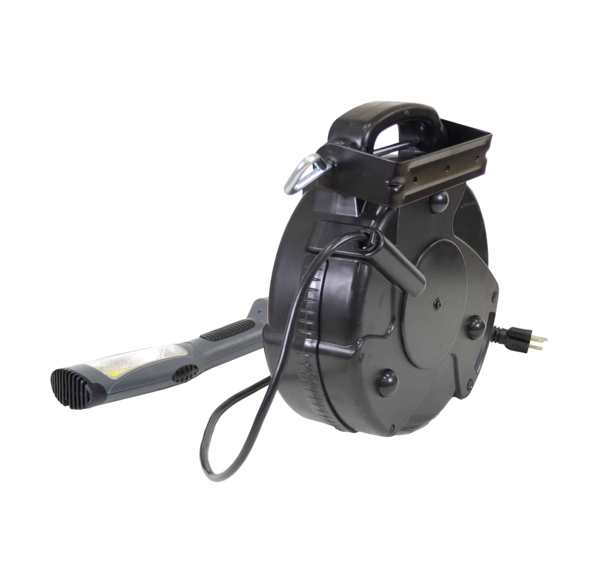 Alert Stamping 8150MM Retractable Cord Reel rear angle view showing plug and mounting bracket