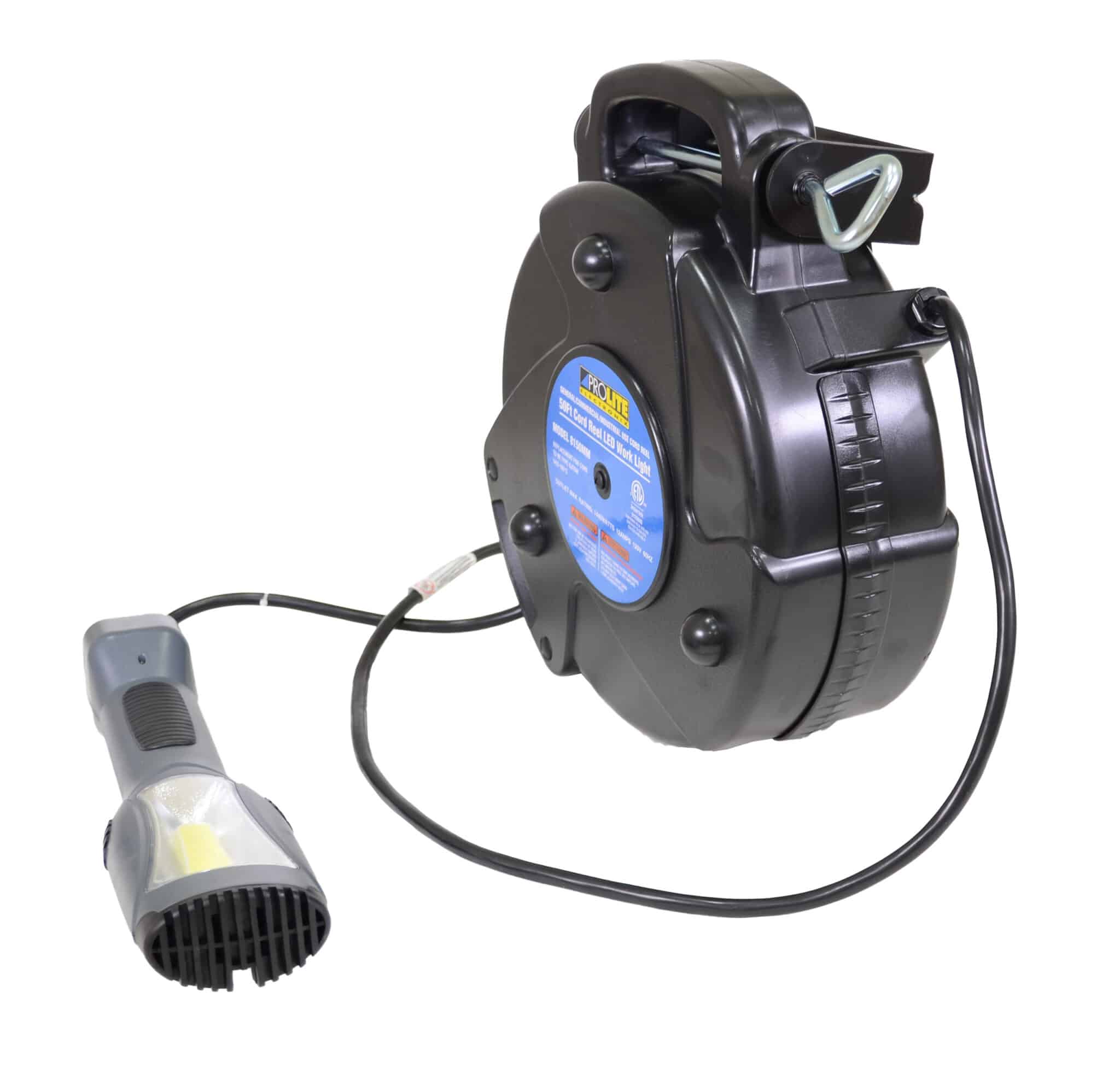 Alert Stamping 8150MM ProReel Retractable Cord Reel with LED Work Light, side angle view with label detail