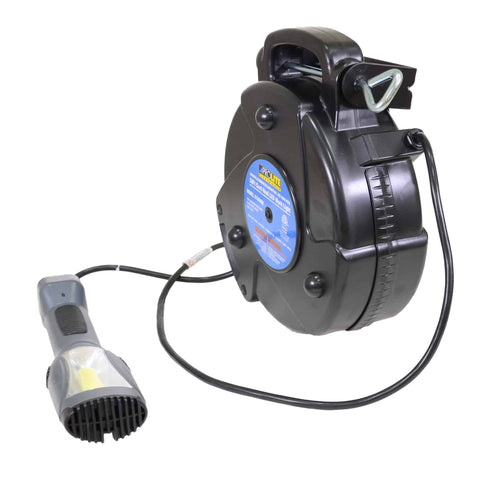 Alert Stamping 8150MM ProReel Retractable Cord Reel with LED Work Light, side angle view with label detail