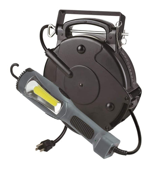 Alert Stamping 8150MM Retractable Cord Reel with LED Work Light, front angle view showing reel and work light
