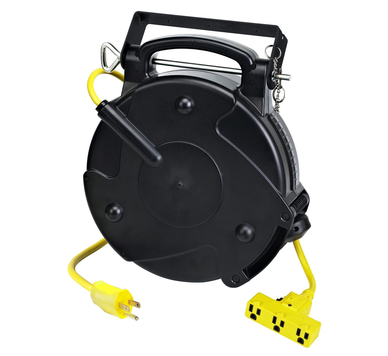 Alert Stamping 8150MP ProReel Retractable Cord Reel, front angle view with carry handle, yellow 50ft cord, and tri-tap outlet block