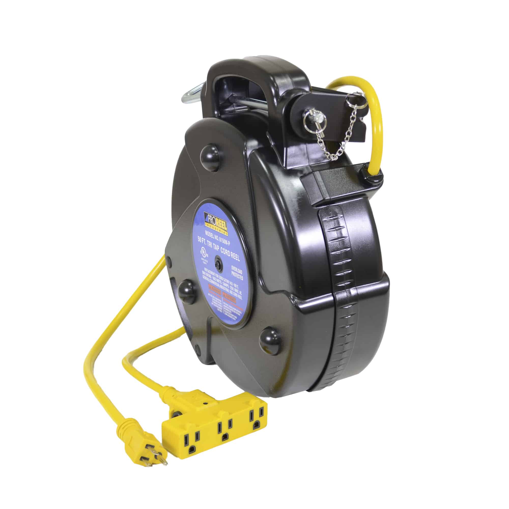Alert Stamping 8150MP ProReel Retractable Cord Reel, side angle view showing ProReel label, yellow cord, and tri-tap outlet block