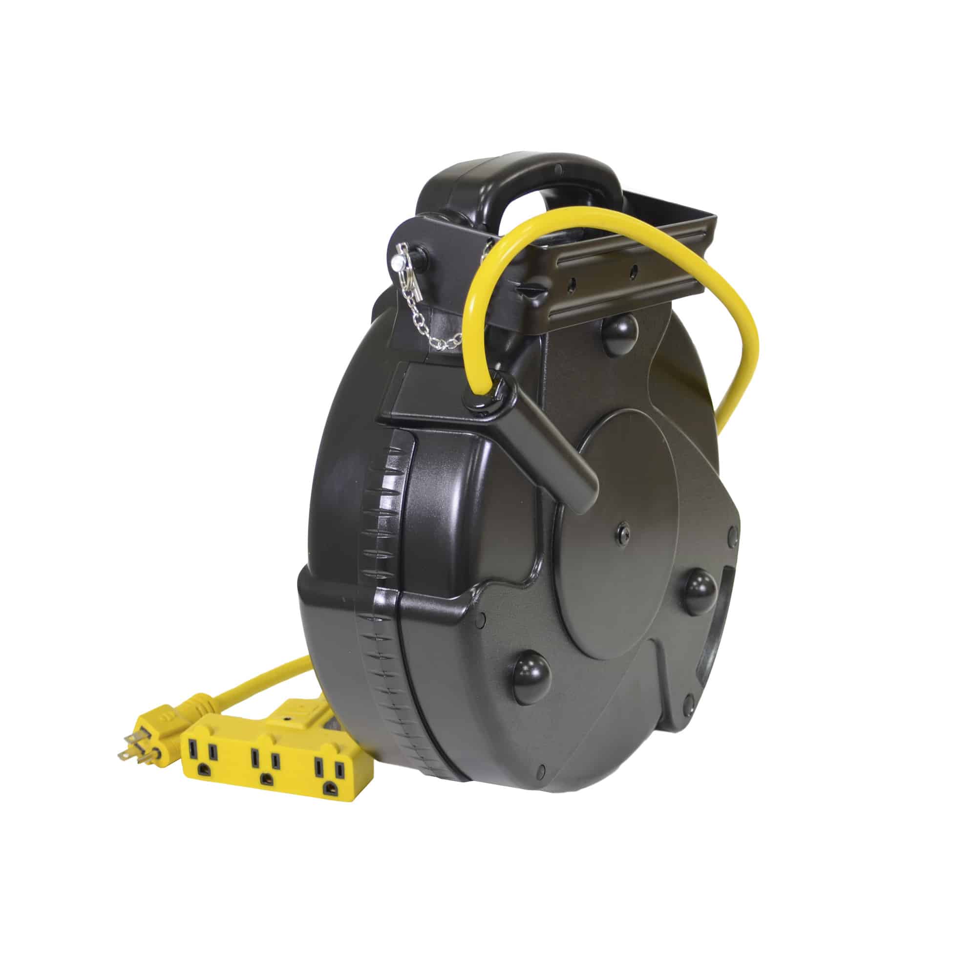 Alert Stamping 8150MP ProReel Retractable Cord Reel, opposite angle view showing mounting bracket, yellow cord, and tri-tap outlet