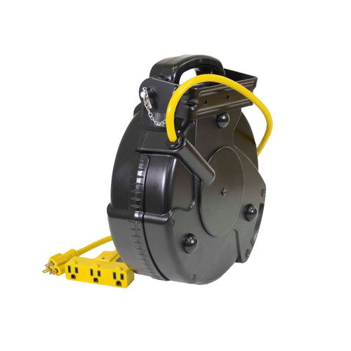 Alert Stamping 8150MP ProReel Retractable Cord Reel, opposite angle view showing mounting bracket, yellow cord, and tri-tap outlet