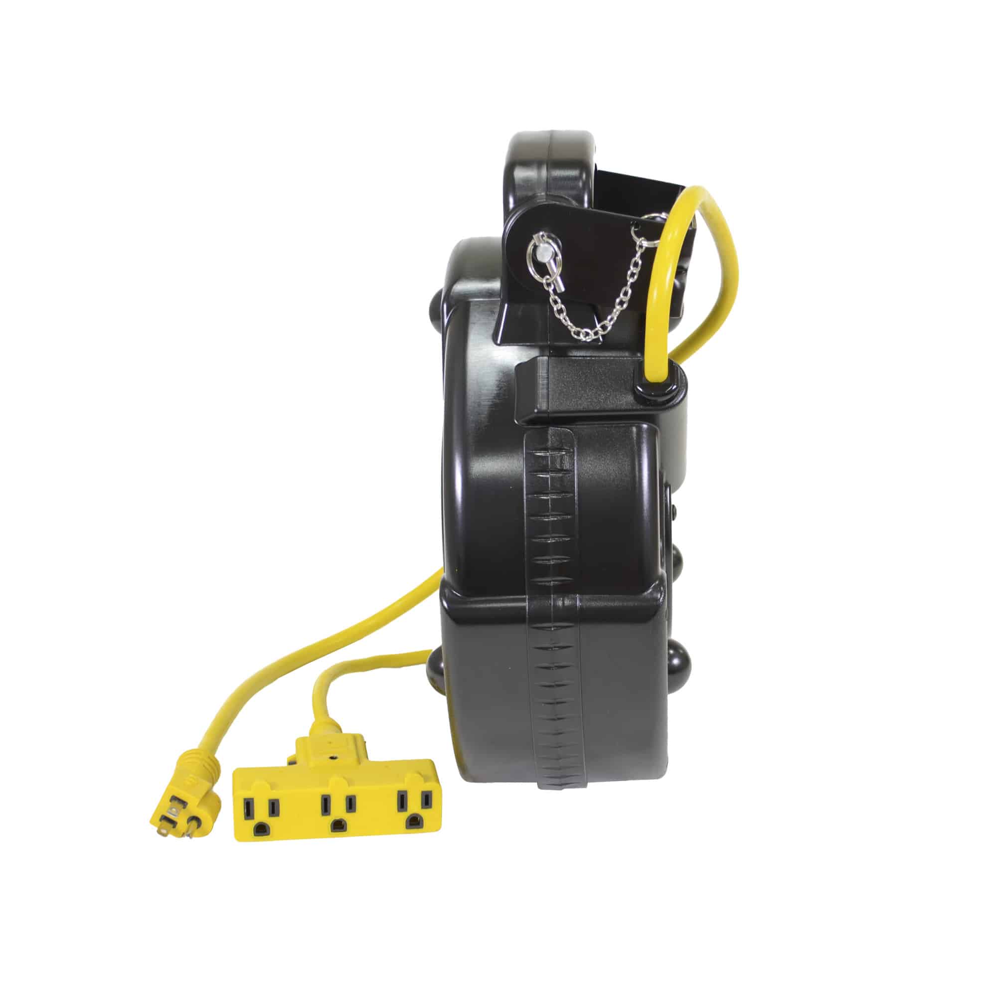 Alert Stamping 8150MP ProReel Retractable Cord Reel, profile side view showing cord guide and outlet block