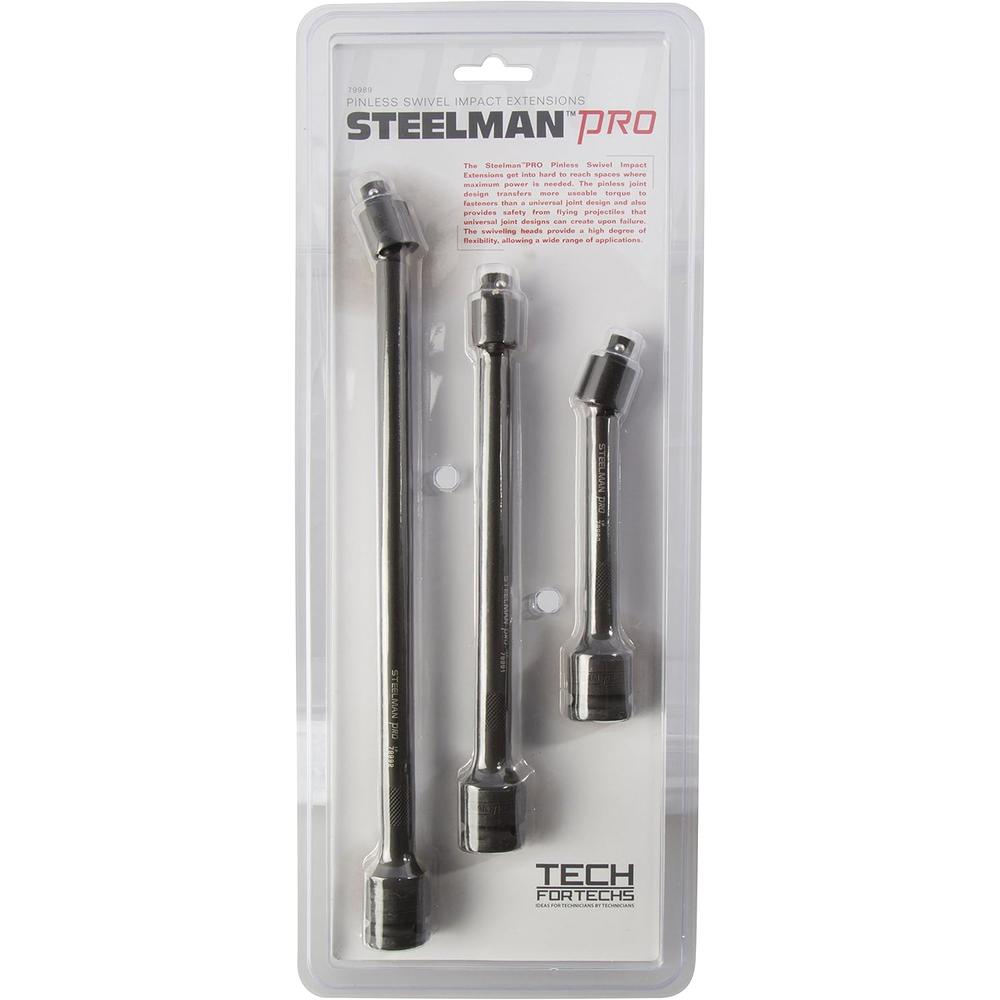 Steelman Pro 79989 1/2-Inch Drive, 3/8-Inch Pinless Swivel Impact Extension 3-Piece Set; 6-Inch, 9-Inch, 12-Inch