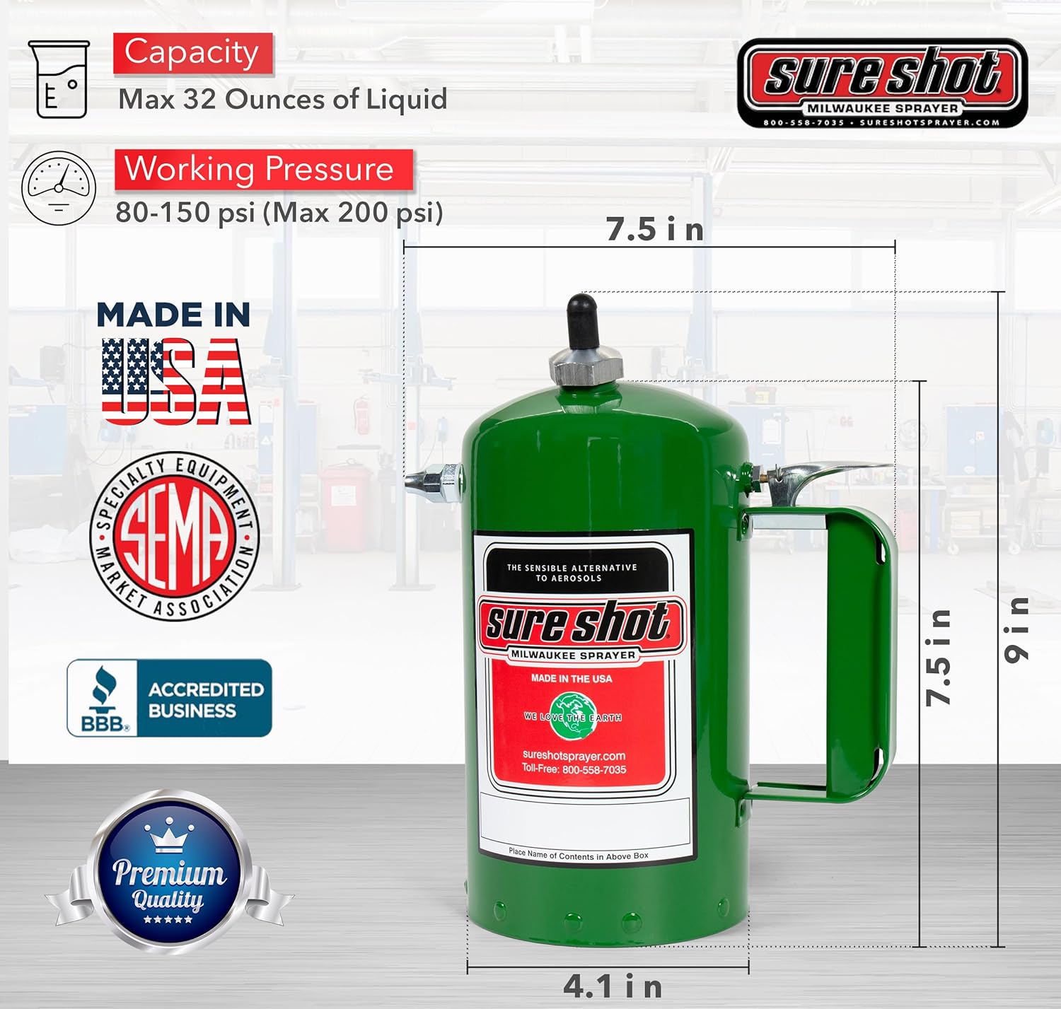 Sure Shot A1000G 32 OZ. PULVÉRISATEUR EN ACIER INDUSTRIEL (VERT)