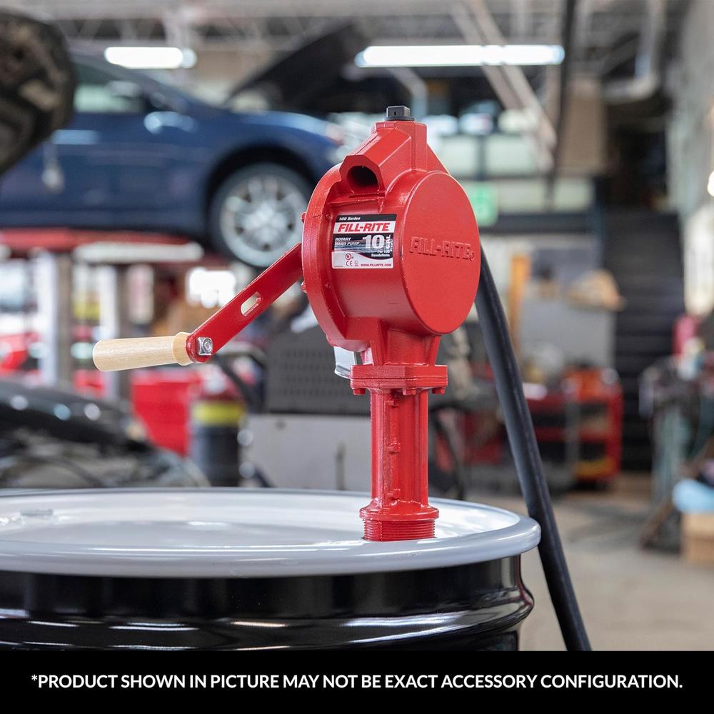 Fill-Rite FR112 10 GPM, Rotary Hand Pump, 3/4" X 8' Hose, Nozzle Spout, Telescoping Steel Suction Tube (20" X 341/2"), Vacuum Breaker