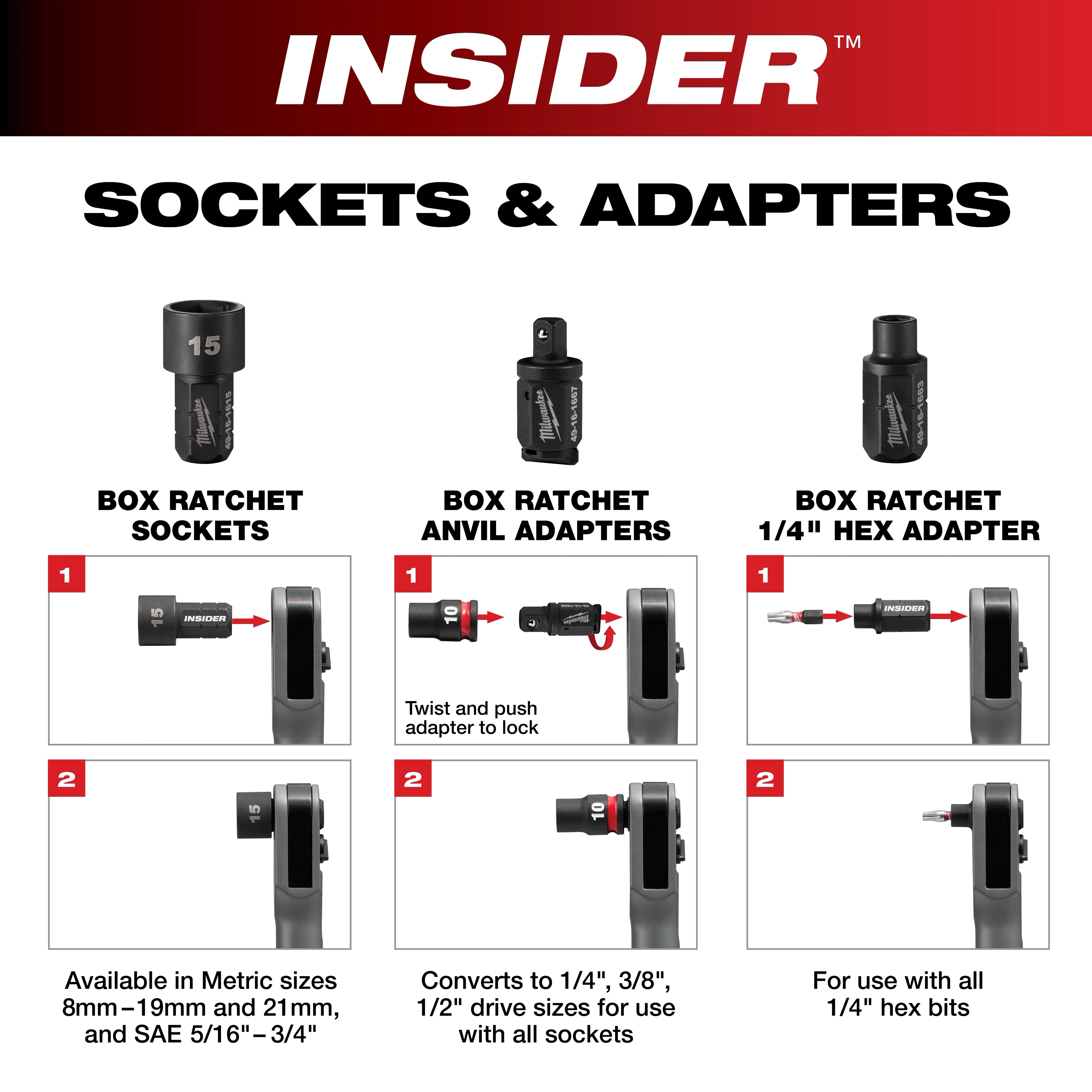 Milwaukee INSIDER Box Ratchet sockets and anvil adapters usage diagram with twist-and-push locking feature