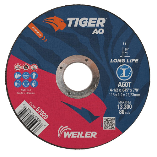 Weiler 57020 4-1/2" x 0.045" Tiger Type 1 Thin Cutting Wheel. A60T. 7/8" A.H. (Pack of 25)