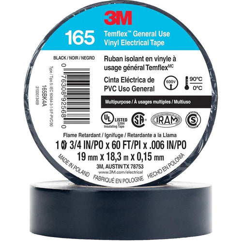 3M 165BK4A RUBAN ÉLECTRIQUE EN VINYLE À USAGE GÉNÉRAL TEMFLEX, NOIR, 3/4" X 60 PI, 6 MIL, PAQUET DE 10