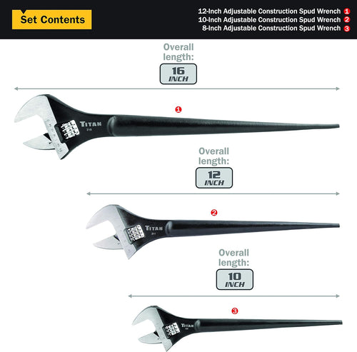 Titan Tools 223 3-pc Adjustable Construction Wrench Set, 10"/12"/16" Long, 1-1/8", 1-5/6", 1-1/2" Openings