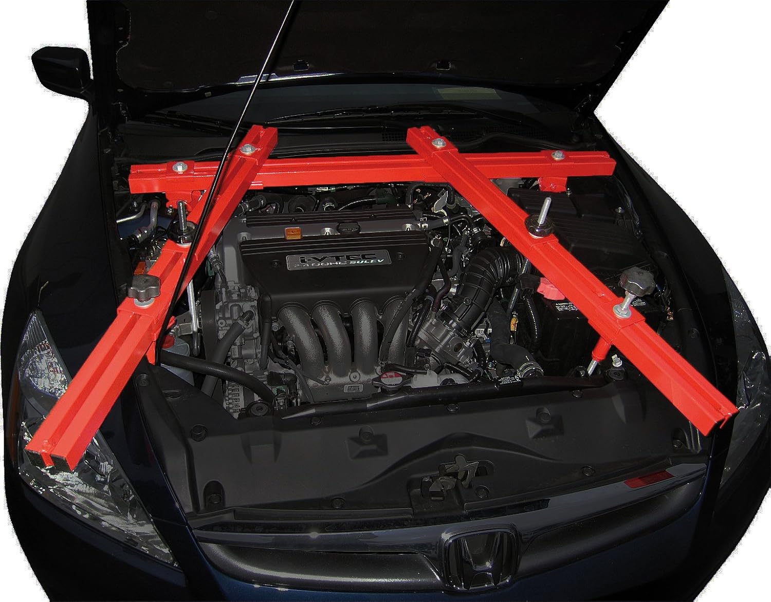 Norco 78099 Heavy Duty 4 Point Engine Support Tool installed on Honda engine bay, red steel transverse bars resting on shock strut towers