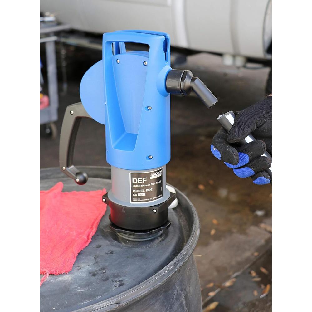 Lincoln 1392 Lever Action Self-Priming DEF Compatible Fluid Transfer Pump With 2 Inch Bung Mounts and Locking Ring to Enable Custom Pump Positioning when Drum Mounting