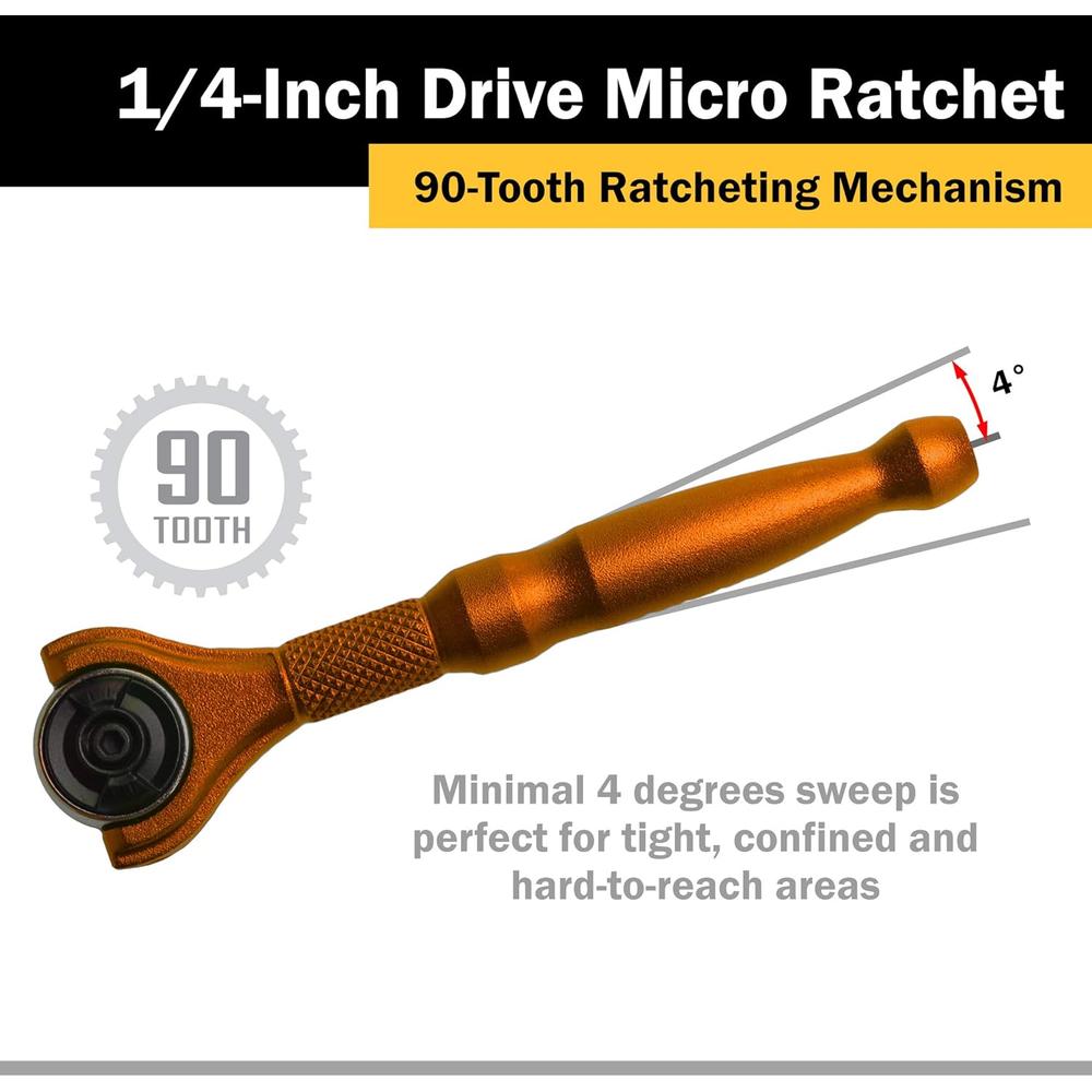 Titan Tools 11322 4" LONG 1/4" DRIVE ALUMINUM SWIVEL HEAD 90-TOOTH MICRO RATCHET, ORANGE