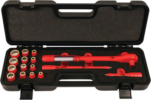 Wiha Tools 30192 16-PC, 3/8" DR. INSULATED RATCHETING TORQUE WRENCH & METRIC SOCKET SET, 4-37 FT-LB (5-50 NM), SOCKETS: 8MM – 20MM, EXTENSIONS 125MM & 250MM