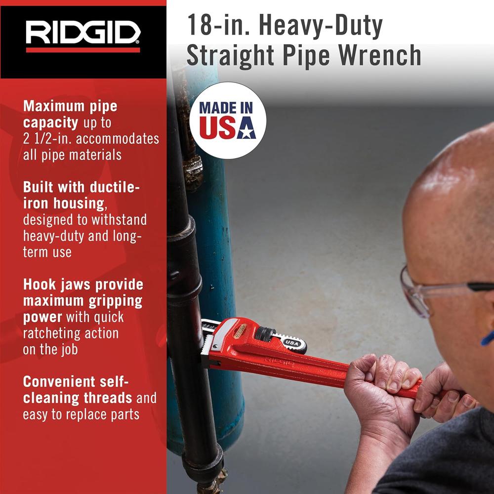 Ridgid 31025 Model 18 Heavy-Duty Straight Pipe Wrench, 18" Plumbing Wrench