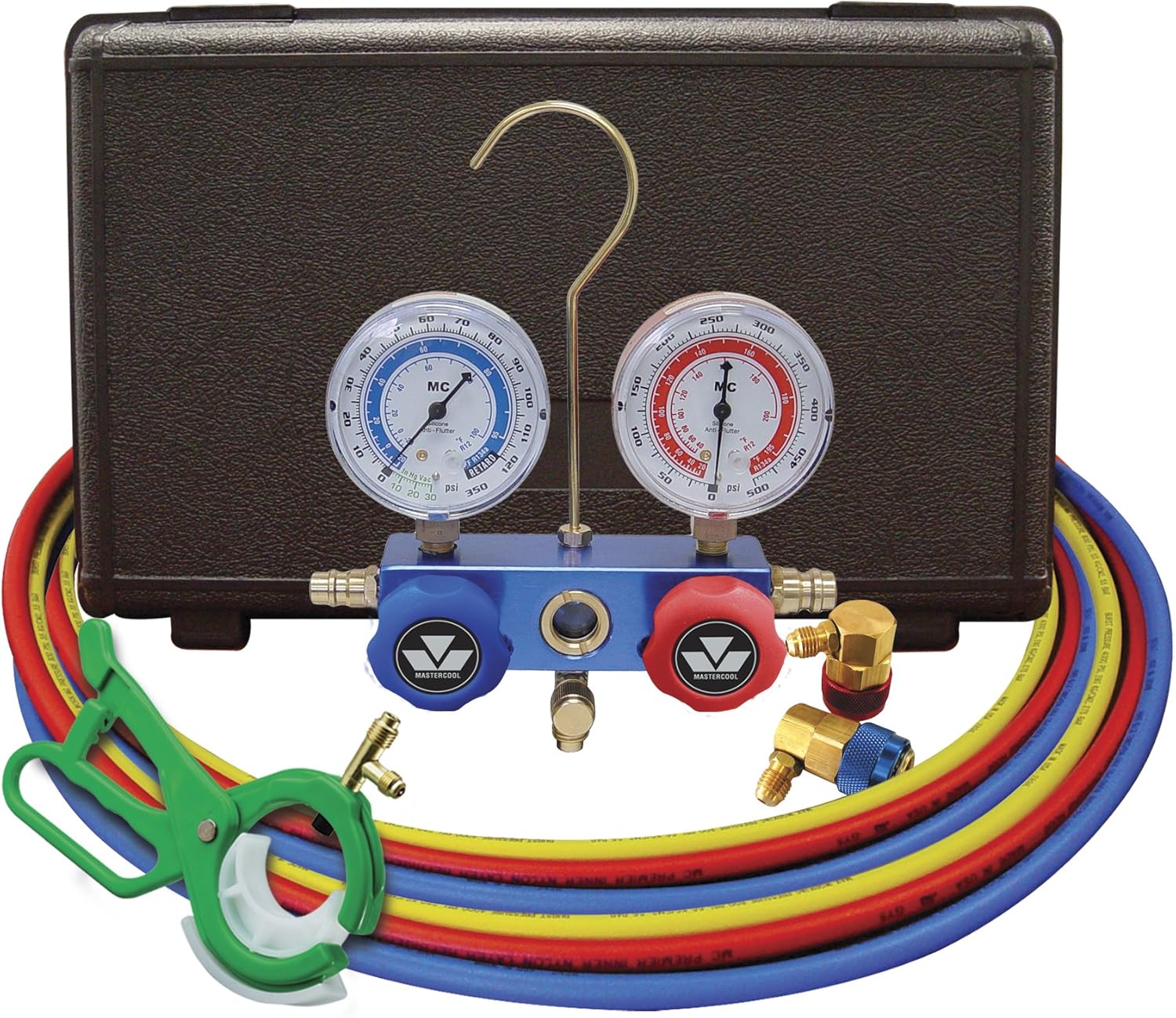 Mastercool 98660-PROM DUAL R12 R134A ALUMINUM MANIFOLD STANDARD COUPLERS W/ 2 SETS OF 60 IN. HOSES IN PLASTIC BOX W/ FREE 85530