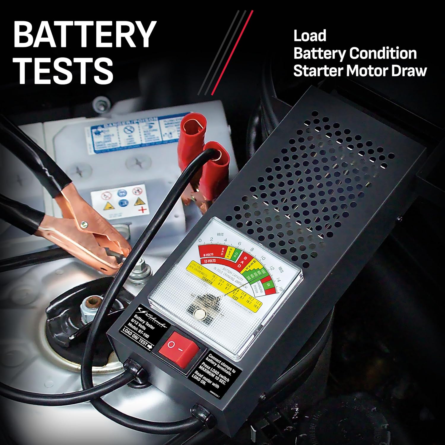 Schumacher BT-100 Battery Load Tester in use on a vehicle battery, showing Load, Battery Condition, and Starter Motor Draw tests