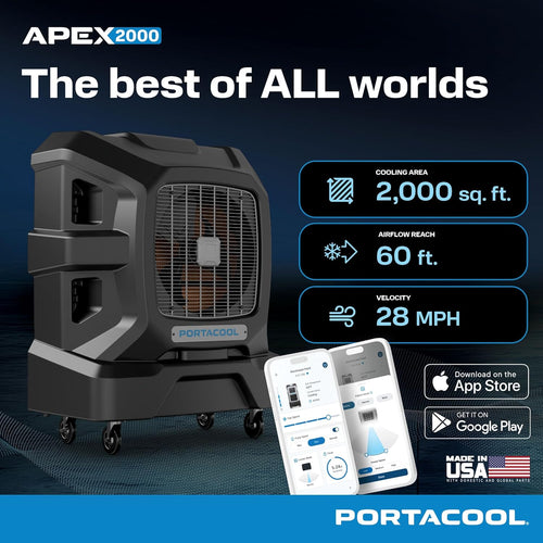 Portacool Apex 2000 specs infographic - 2,000 sq ft cooling area, 60 ft airflow reach, 28 MPH velocity with CoolSync app compatibility