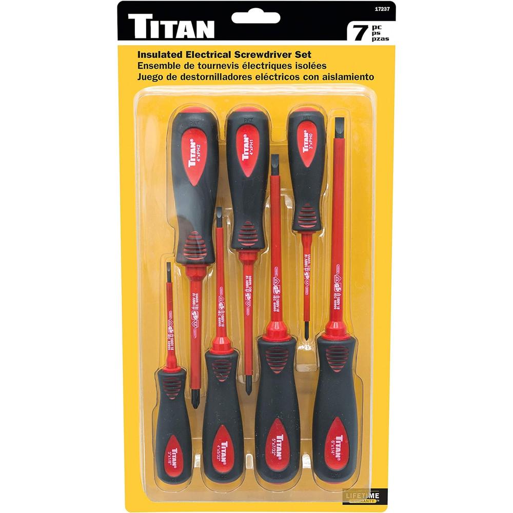 Titan Tools 17237 Jeu de 7 tournevis isolés avec embouts magnétiques, Phillips #0, #1, #2 et fente 1/8", 5/32", 7/32", 1/4"