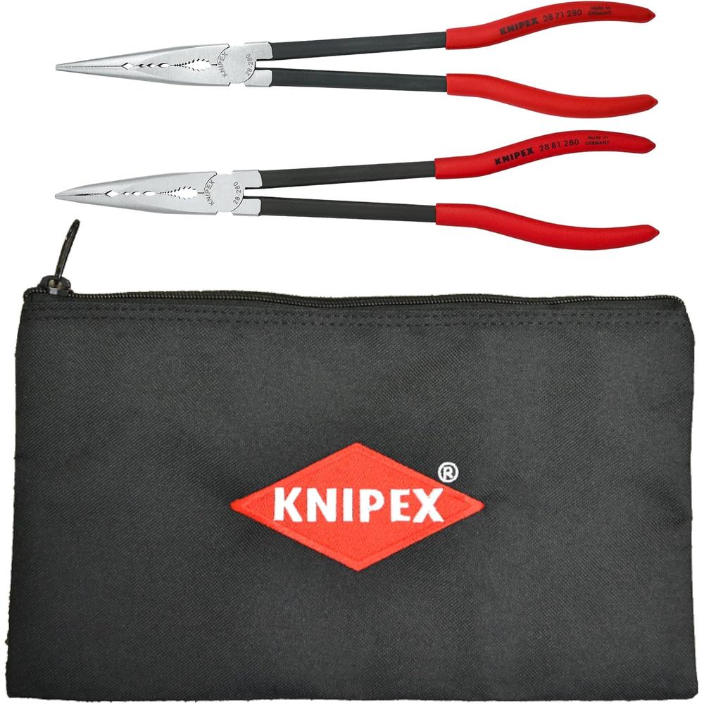 Knipex 9K 00 80 128 US 2 PC Extra Long Needle Nose Pliers Set W/ Keeper Pouch (28 71 280, 28 81 280 And 9K 00 90 12 US)