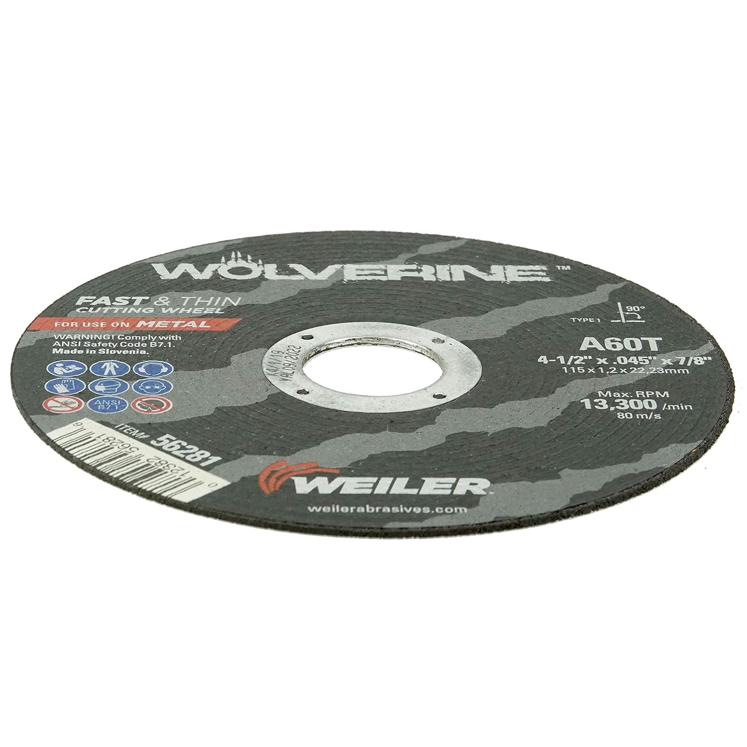 Weiler 56281 4-1/2" X .045" Wolverine Type 1 Cut-Off Wheel, A60T, 7/8" A.H. (Pack of 25)