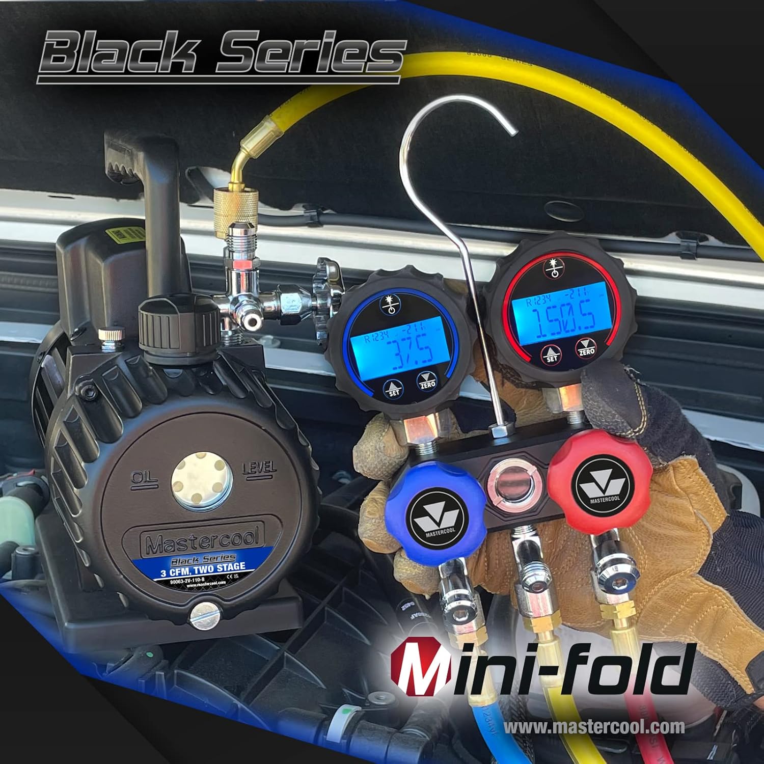 Mastercool 82172 BLACK SERIES MINI-FOLD R1234YF COMPACT 2-WAY ALUMINUM MANIFOLD SET