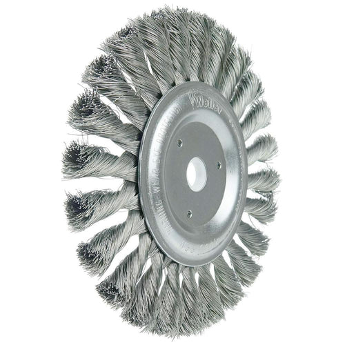 Weiler 08075 Arbre Dulife 5/8"-1/2". Taille de fil de 0,0118 po. Diamètre de 6 po. Largeur de face de 1/2 po. Brosse à fil métallique à nœud torsadé standard à poils en acier