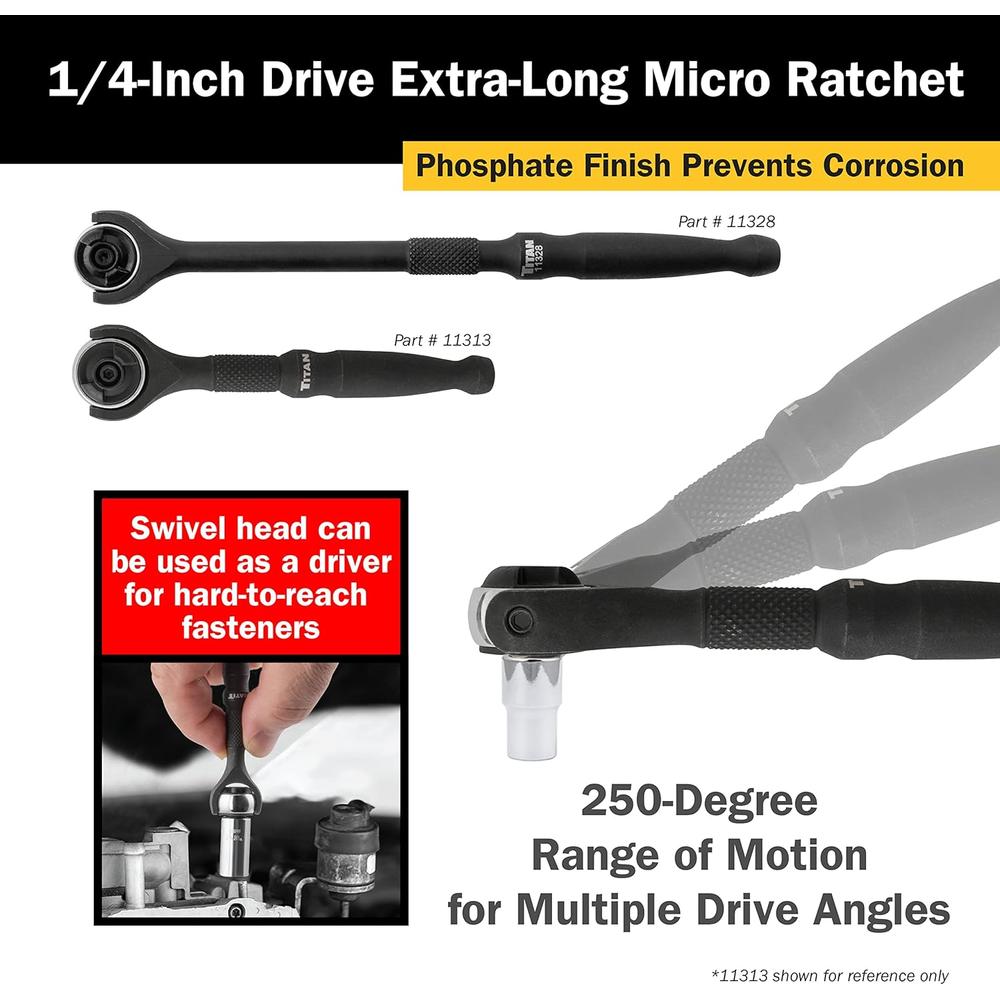 Titan Tools 11328 1/4" DR. 7" XL SWIVEL HEAD MICRO REVERSIBLE RATCHET