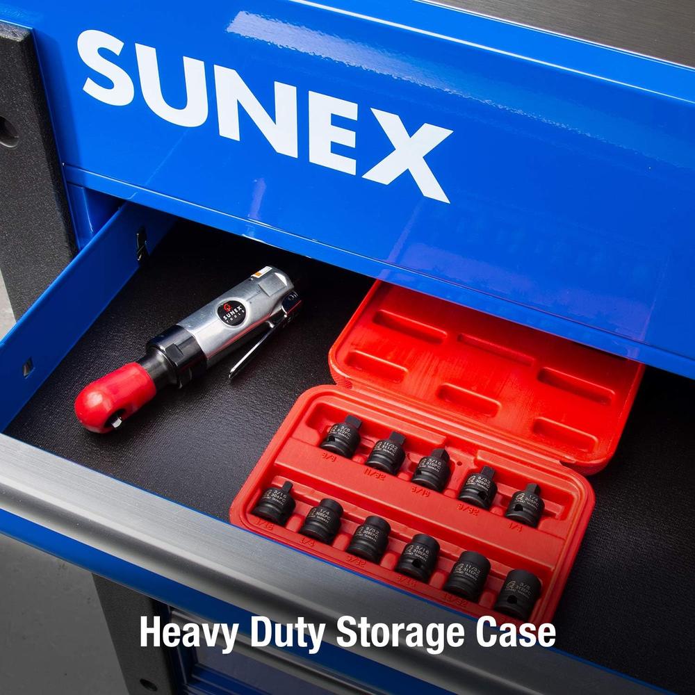 Sunex Tools 3841 3/8 in. Drive Pipe Plug Socket Set, 11 pieces, SAE, 7/16" - 5/8", Cr-Mo Steel, Tapered Male Square Drive, Chamfered Female Square Drive, Heavy Duty Storage