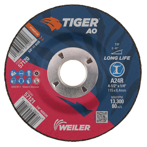 Meule Weiler 57121 4-1/2" x 1/4" Tiger Type 27. A24R. 7/8" AH (Paquet de 10)