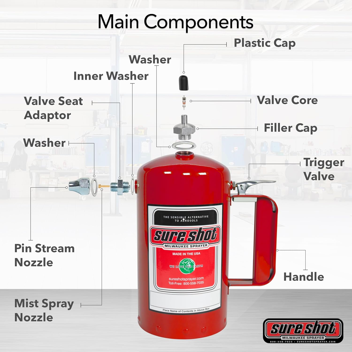 Sure Shot A1000R Steel Sprayer main components diagram - nozzles, valve core, filler cap, trigger valve, handle, and washers