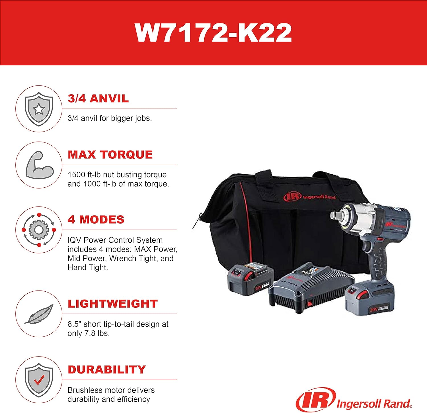 Ingersoll Rand W7172-K22 IMPACT 3/4" 20V,