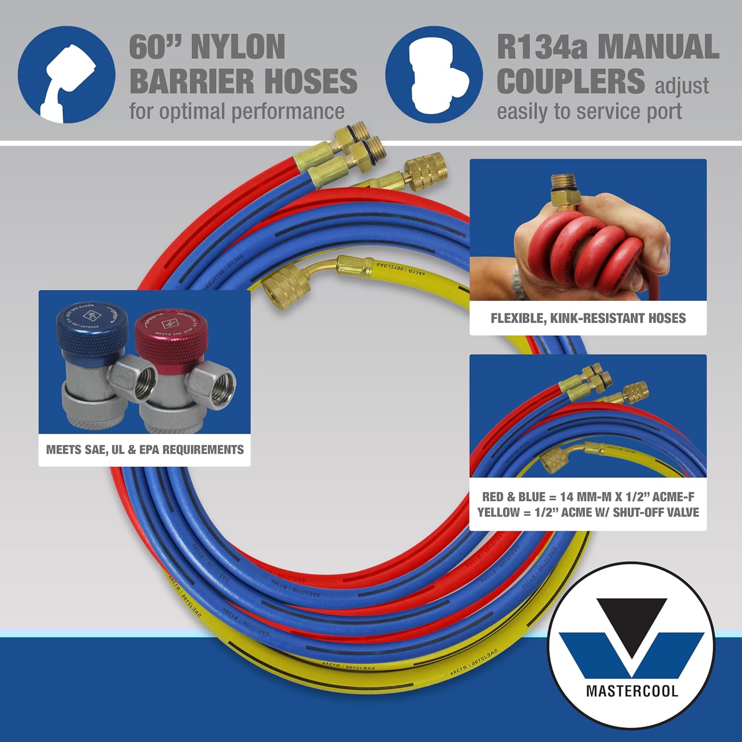 Mastercool 89661-PRO R134A Aluminum Manifold, Manual Couplers W/60" Hoses In A Plastic Box W/Free 85530