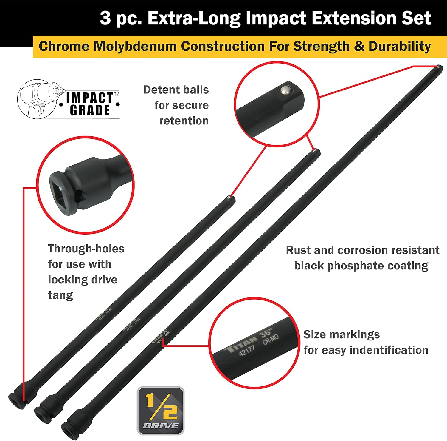 Titan 42173 3-Piece 1/2-Inch Drive Extra Long Impact Extension Set