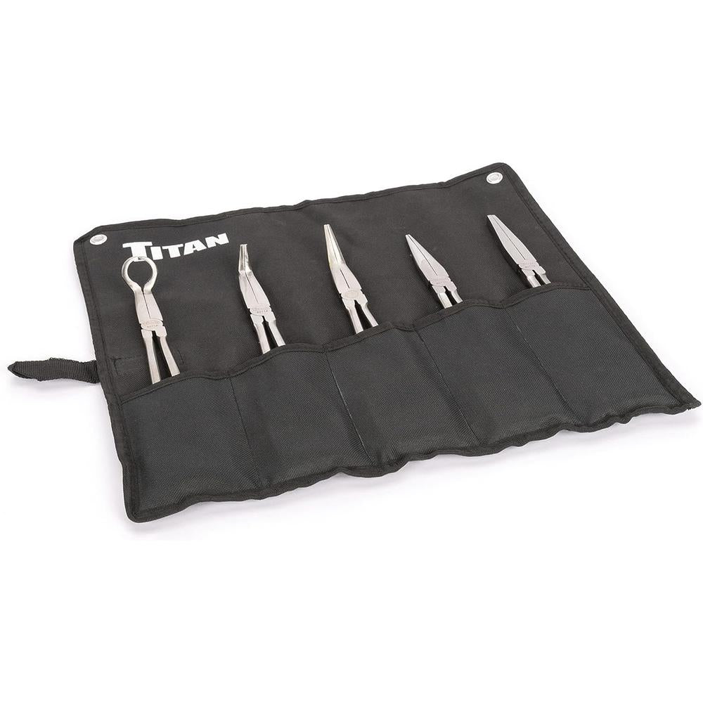 Titan Tools 60769 5-Pc 11" Long Nose Pliers Set - Straight, 45°, 90°, Flat & Large Hose Grip Pliers
