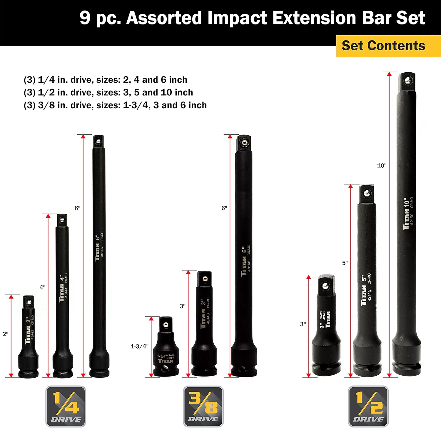 Titan Tools 40109 Ensemble de barres d'extension à impact assorties