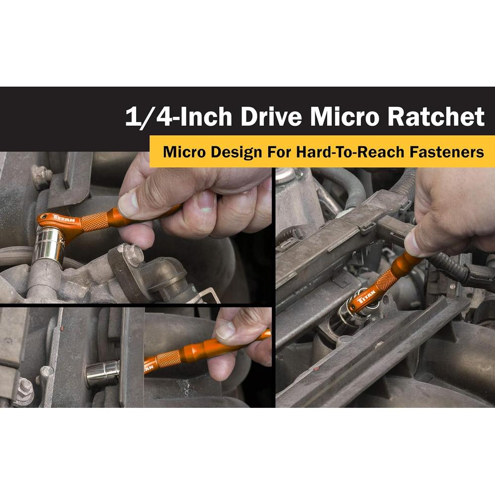 Titan Tools 11322 4" LONG 1/4" DRIVE ALUMINUM SWIVEL HEAD 90-TOOTH MICRO RATCHET, ORANGE