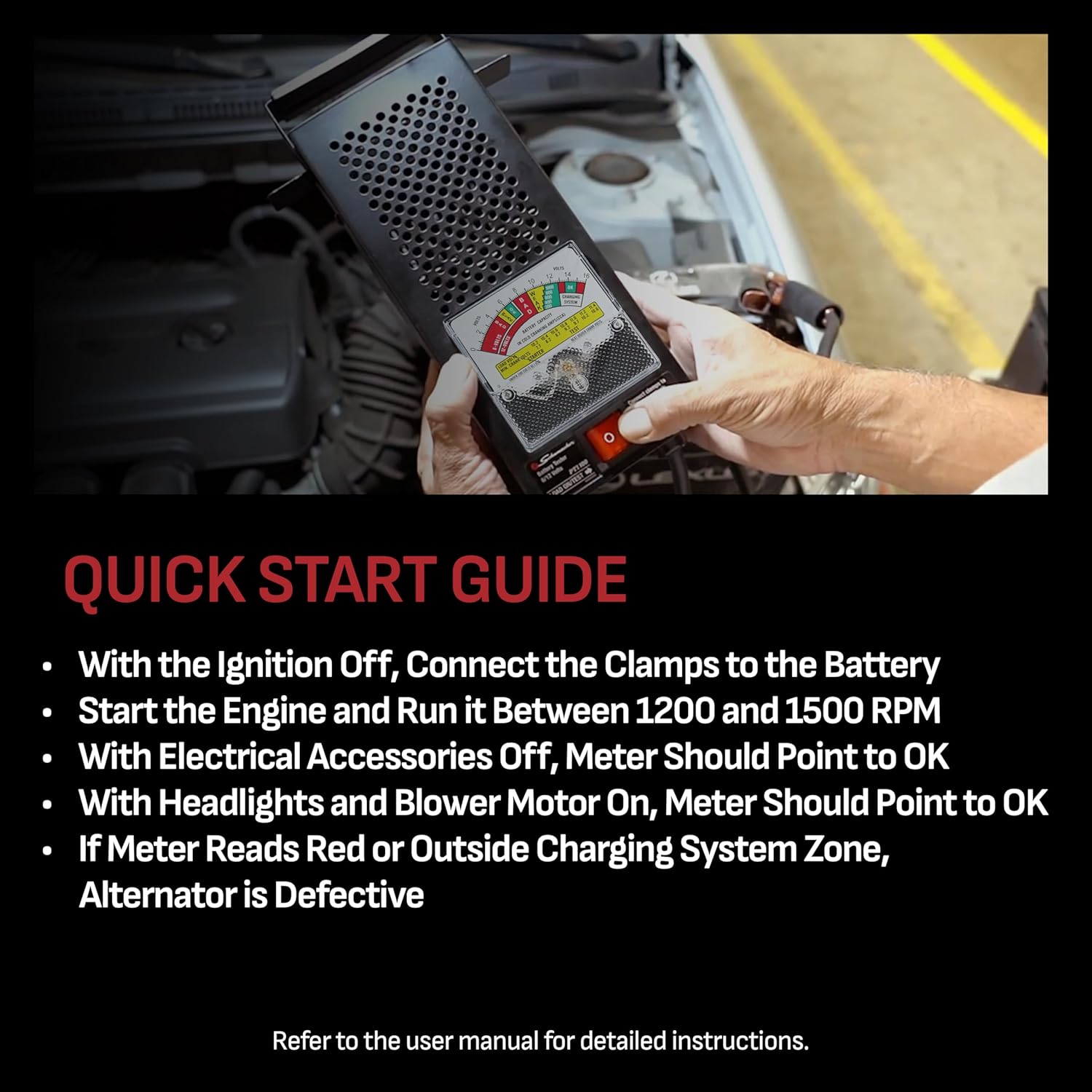 Schumacher BT-100 Battery Tester quick start guide with charging system test instructions and lifestyle photo