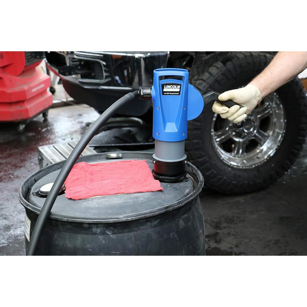 Lincoln 1392 Lever Action Self-Priming DEF Compatible Fluid Transfer Pump With 2 Inch Bung Mounts and Locking Ring to Enable Custom Pump Positioning when Drum Mounting